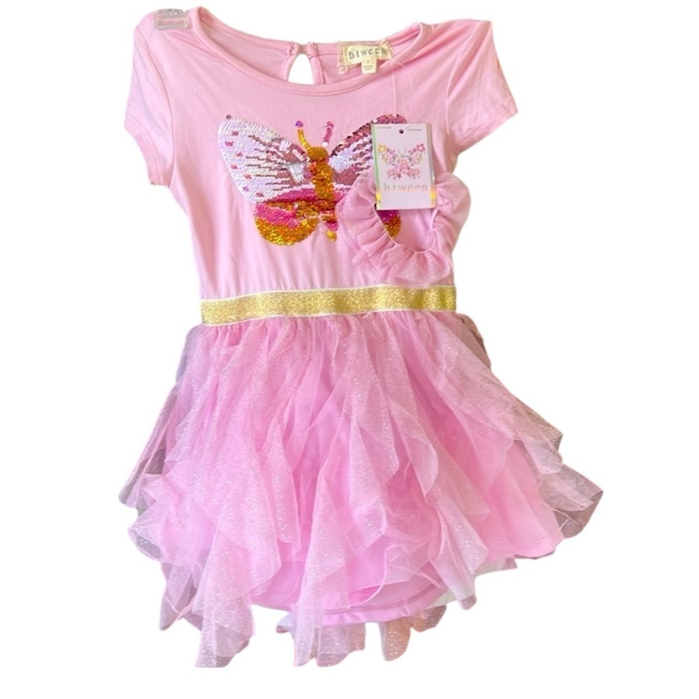 BTWEEN girls, pink butterfly dress, ruffled lace skirt NWT matching hair tie 5